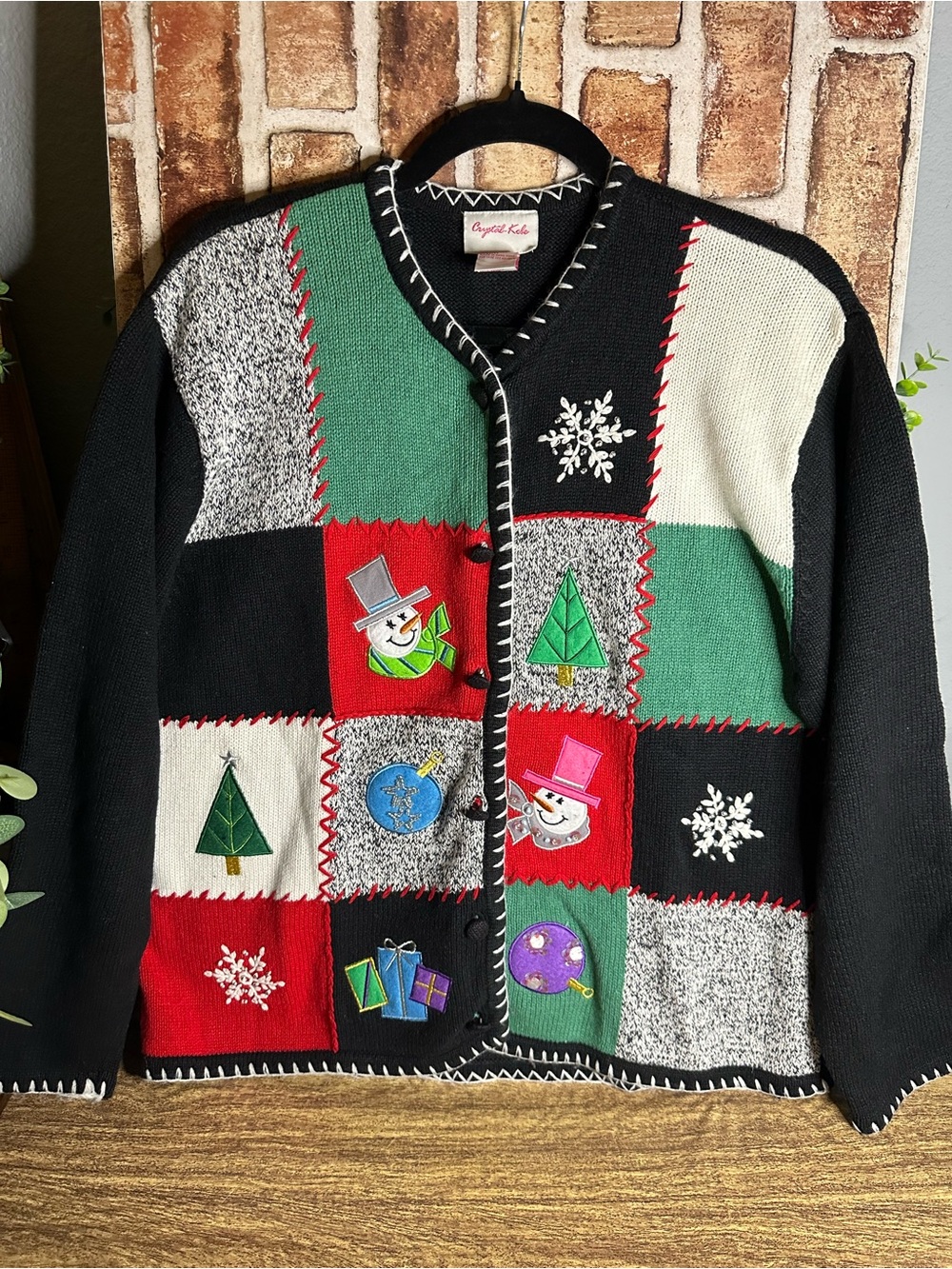 Vintage Crystal Kobe Holiday Patchwork Cardigan Sweater Size Large